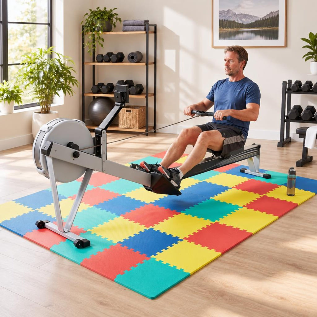 Airfind 18 Pack Interlocking EVA Foam Floor Tiles with Boarders, EVA Foam Frame, 72 Inch x 37 Inch x 0.4 Inch Footprint, Multicolor