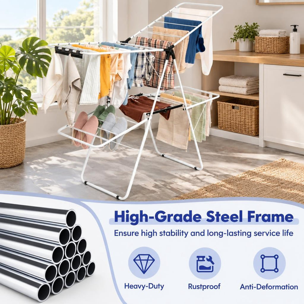 Airfind 2-Tier Foldable Clothes Drying Rack with Adjustable Gullwing, 80 lbs Capacity, Steel Plastic Frame for Everyday Use, White
