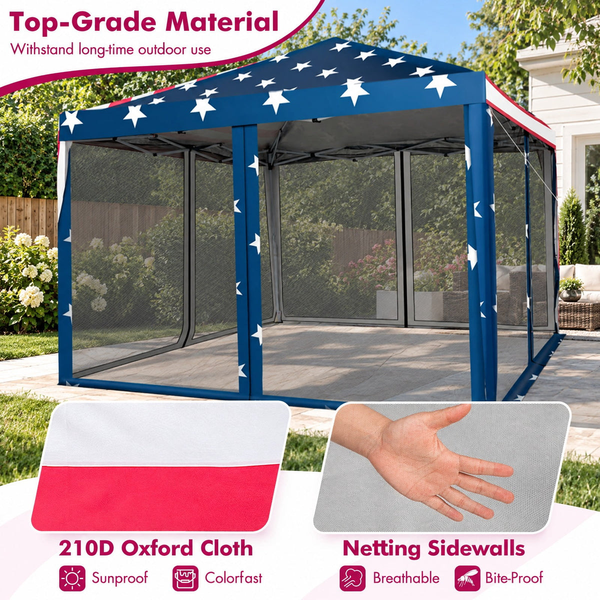 Airfind 10 x 10 Feet Pop, 210D Oxford Fabric Frame, 10 ft x 10 ft x 8.5 ft 3 Footprint, Beige Coffee White American Flag Gray