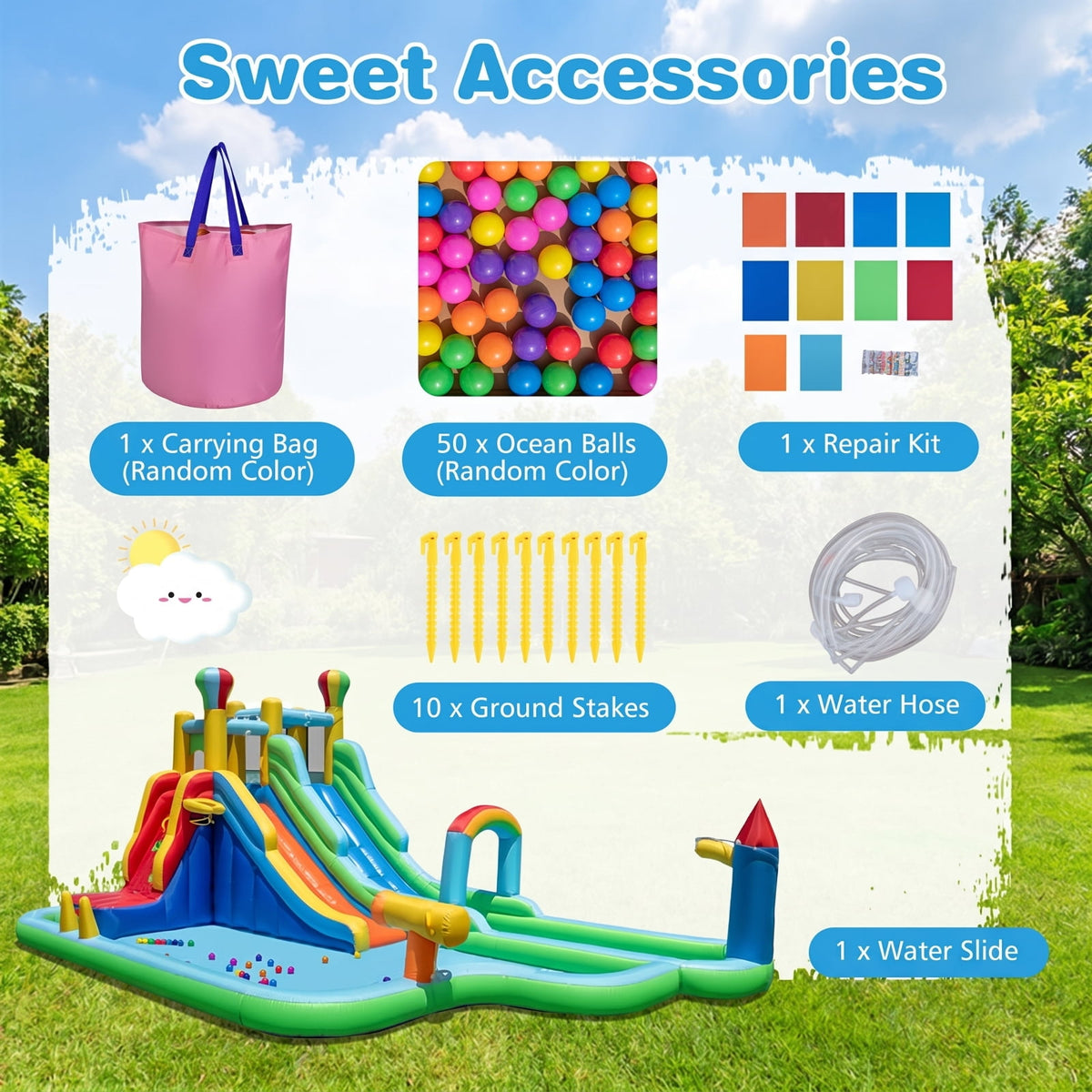 Airfind Giant Inflatable Water Slide Park with Double Long Slides, Climbing Wall, Basketball Hoop, 50 Ocean Balls, 225x145x105in for Kids 3-12