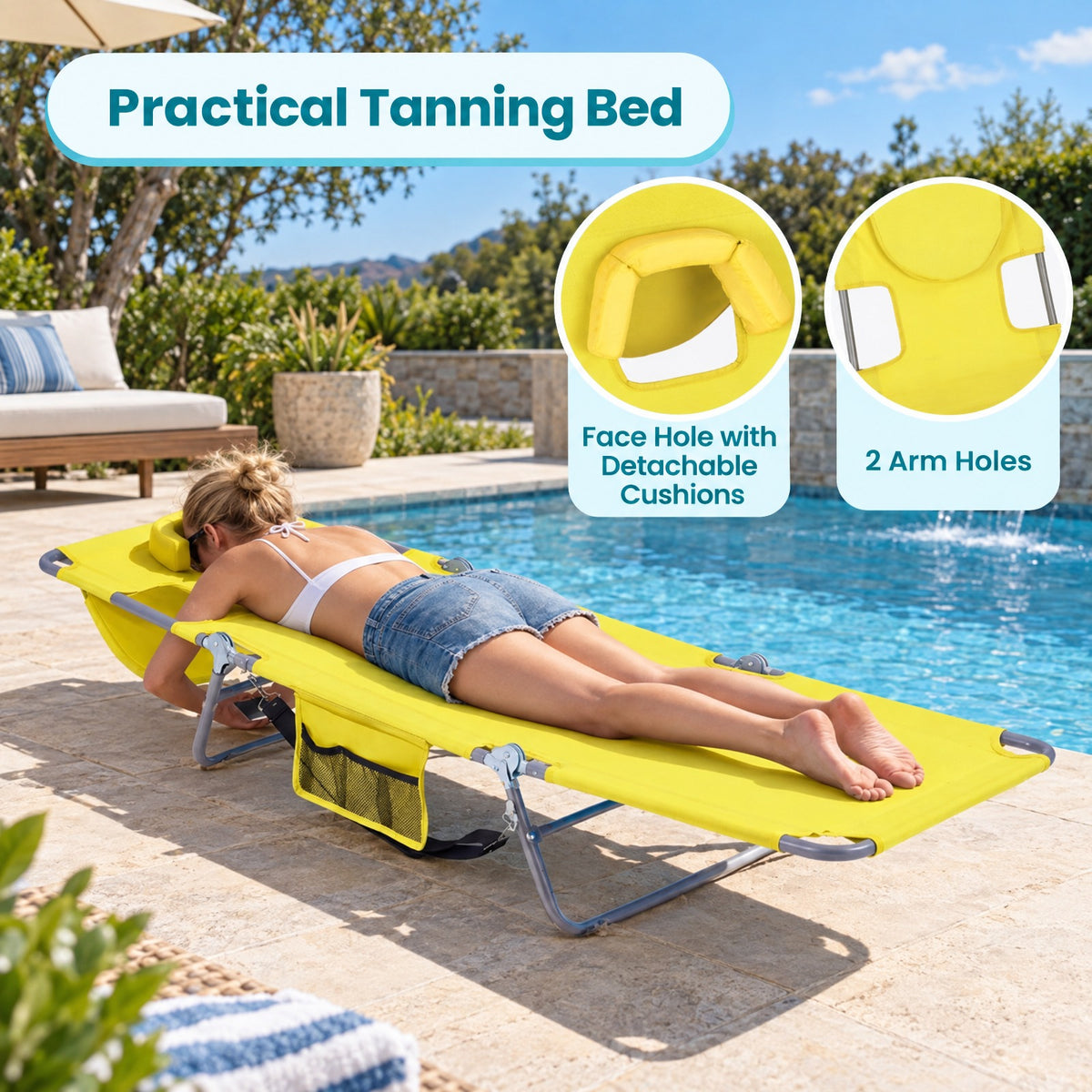 Airfind Folding Beach Lounge Chair with Adjustable Backrest for Lawn, 330 lbs Capacity, Metal Oxford Fabric Polyester Sponge Frame, Yellow