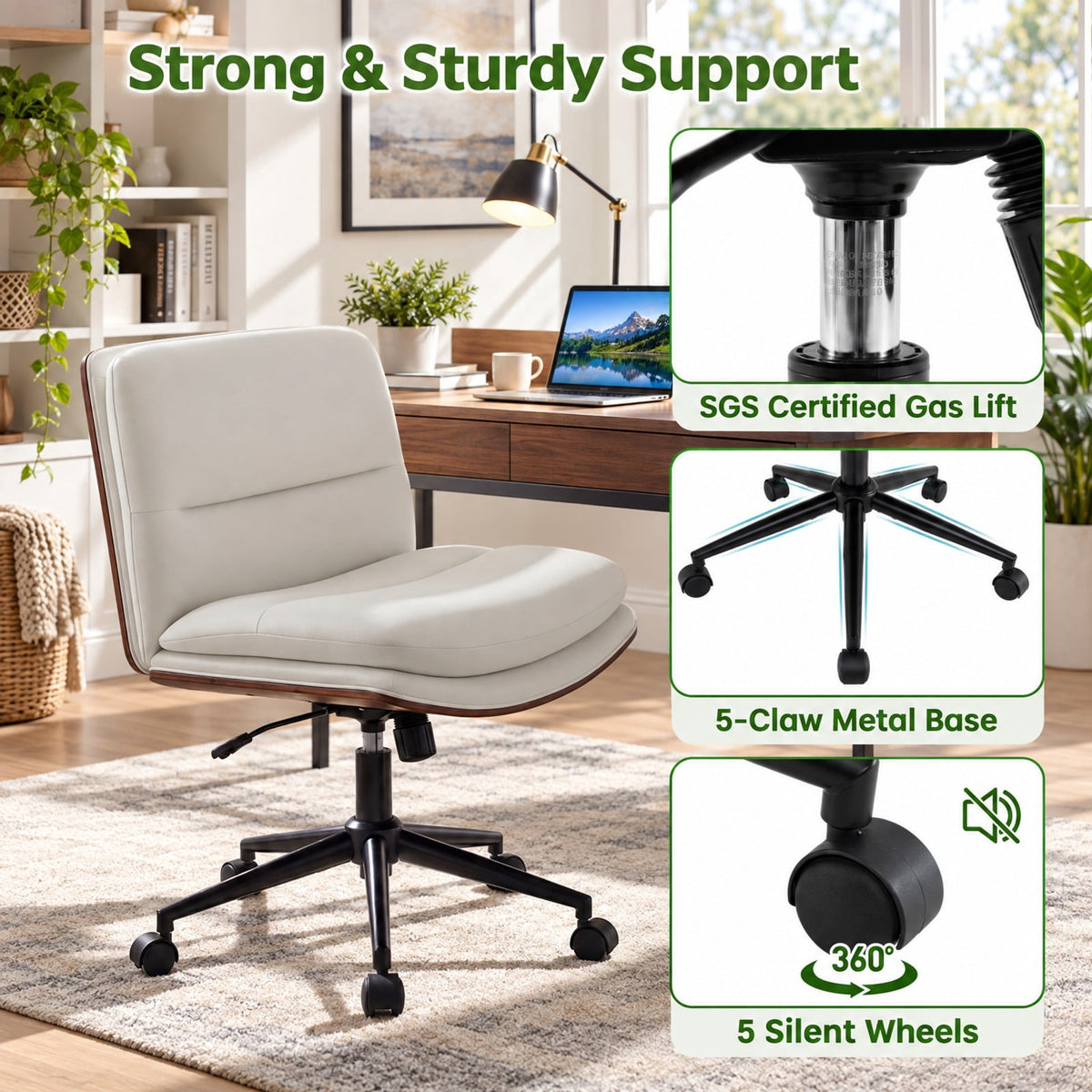 Airfind Armless Office Chair with Curved Backrest and Padded Seat, 245 lbs Capacity, Faux Leather Sponge Metal Plywood Frame, White