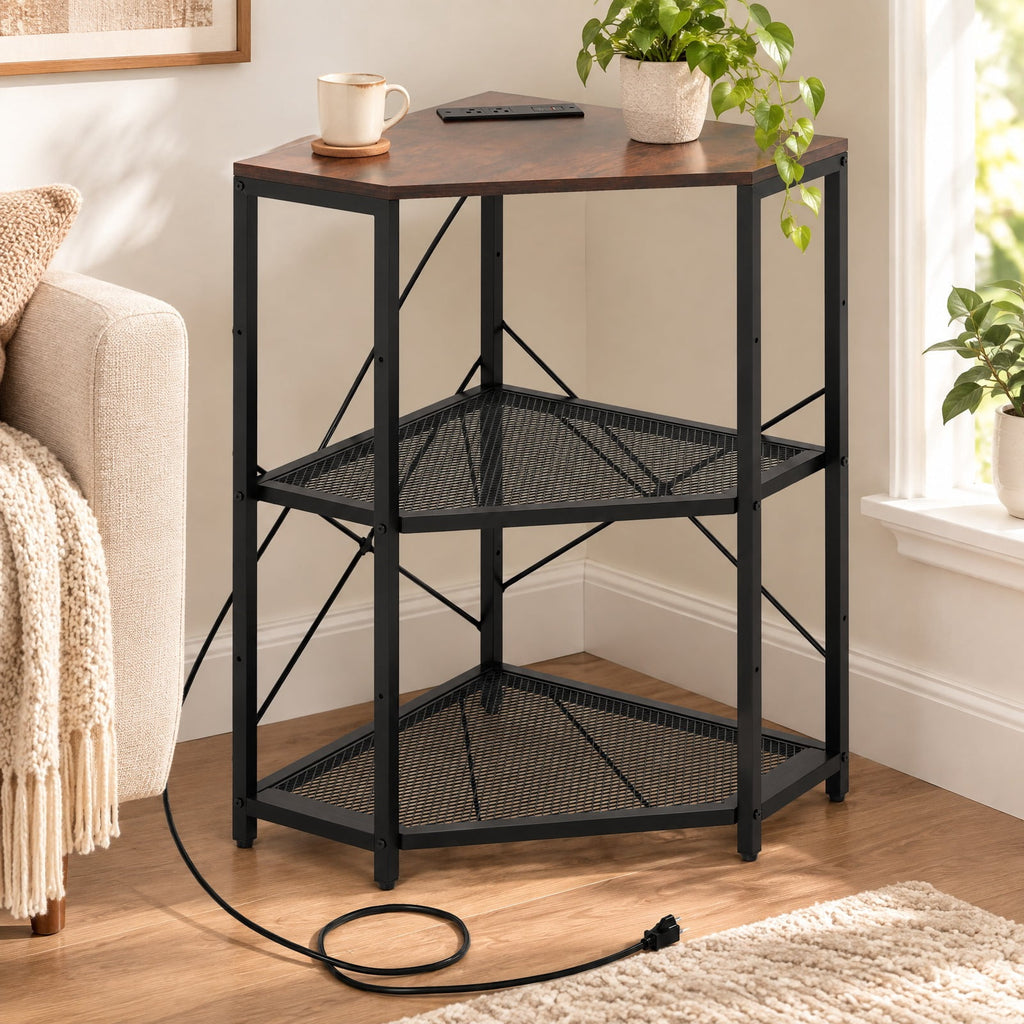Airfind Corner Printer Stand with Power Outlet 3-Tier Storage Rack with Adjustable Shelf, 70 lbs Capacity, Engineered Wood Metal Frame, Brown