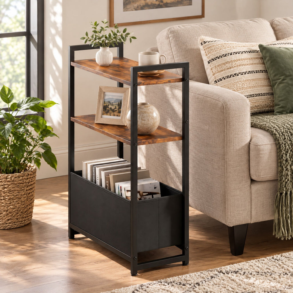 Airfind Narrow End Table with Storage Shelves and Metal Frame, 25 lbs Capacity, Engineered Wood Metal Fabric Frame, 19 x 8 x 25.5 Footprint