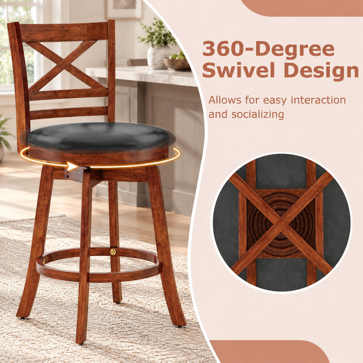 Airfind Swivel Barstools Set of 2 with Backrest and Footrest-24 Inches, 350 lbs Capacity, Rubberwood PU MDF Sponge Frame, Antique Walnut + Black