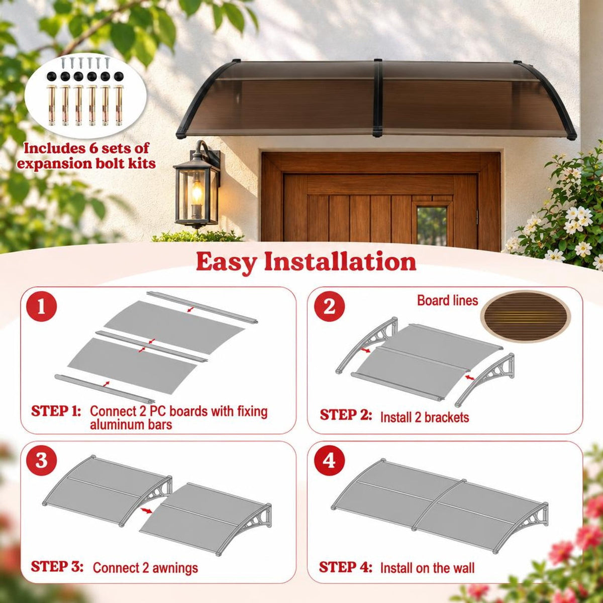 Airfind Outdoor Front Door Patio Overhang Awning for Sunlight Rain Snow Wind Protection-78 x 35 Inch, 44 lbs Capacity, 48 x 40 x 11 Footprint