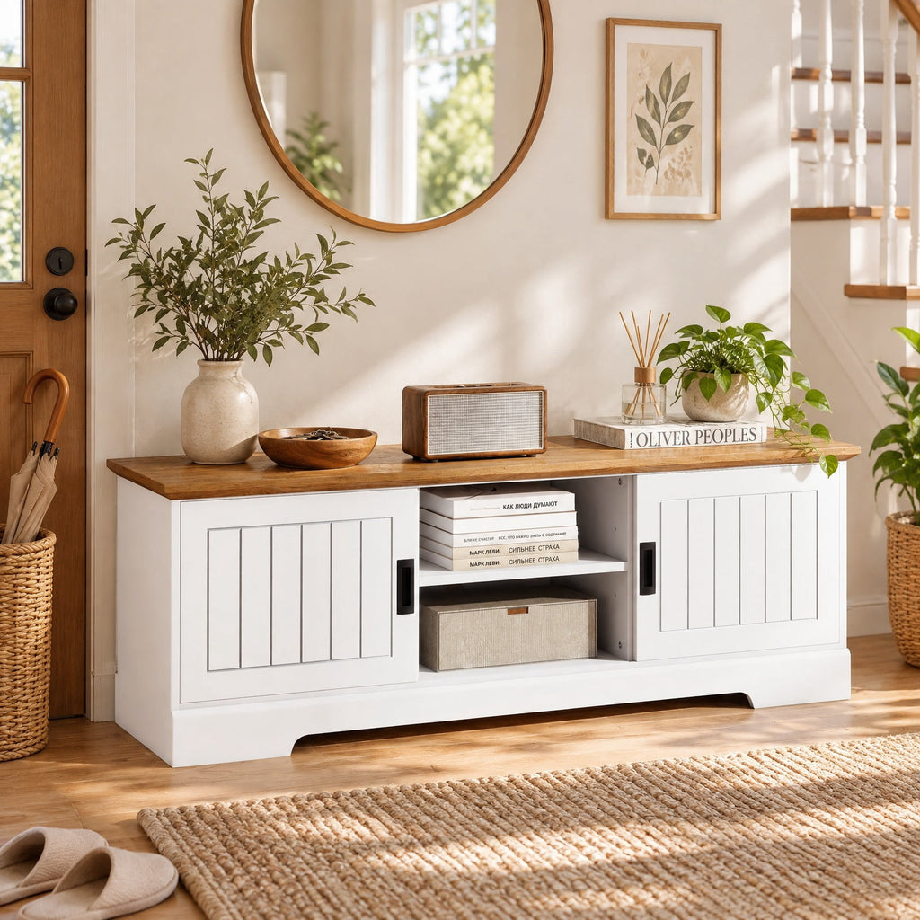 Airfind Farmhouse TV Stand for TVs up to 65 Inch with Sliding Doors and Storage Cabinets, 88 lbs Capacity, Engineered Wood MDF Frame, White