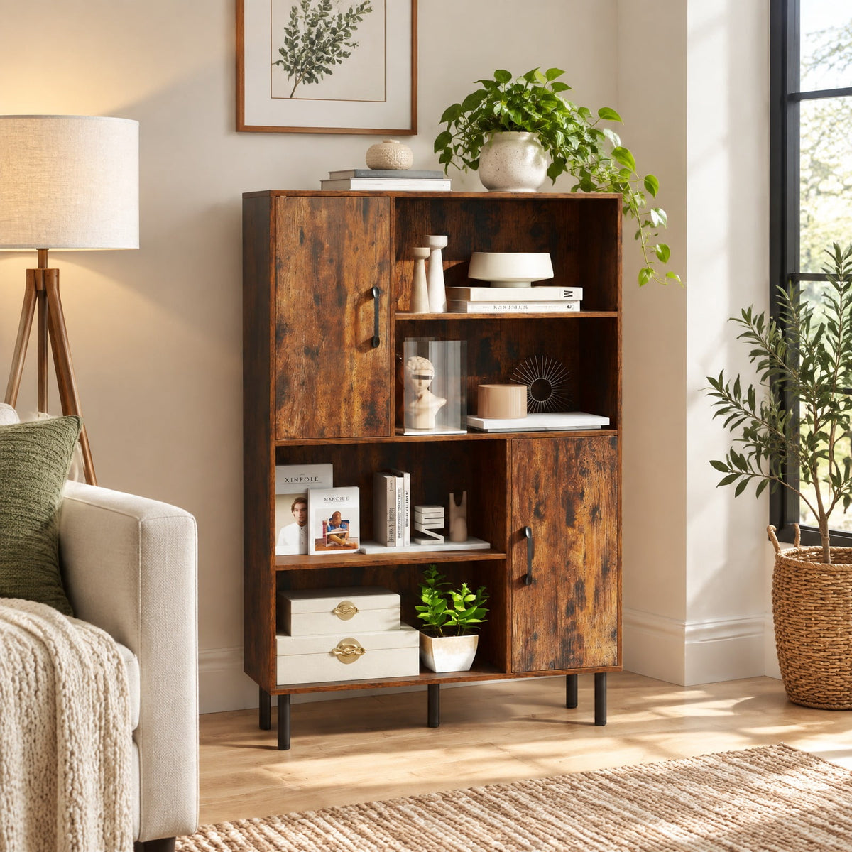 Airfind 47 Inch Storage Cabinet Freestanding Bookcase with 2 Doors and 4 Open Shelves, 176 lbs Capacity, Engineered Wood MDF Metal Frame, Brown