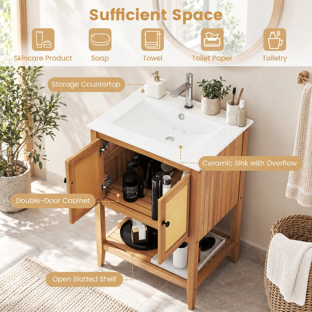 Airfind Bathroom Vanity with Ceramic Sink 2 Rattan Doors and Slatted Shelf, 70 lbs Capacity, Acacia Wood PE Rattan Ceramic Frame, White + Natural