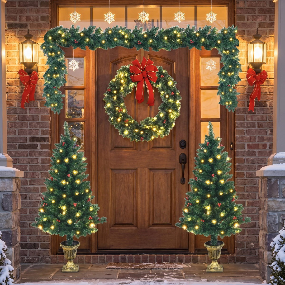 Airfind 4 Pieces Christmas Decoration Set with Garland Wreath and Entrance Trees, Green, diameter 24in, Number of LED lights 200 Battery