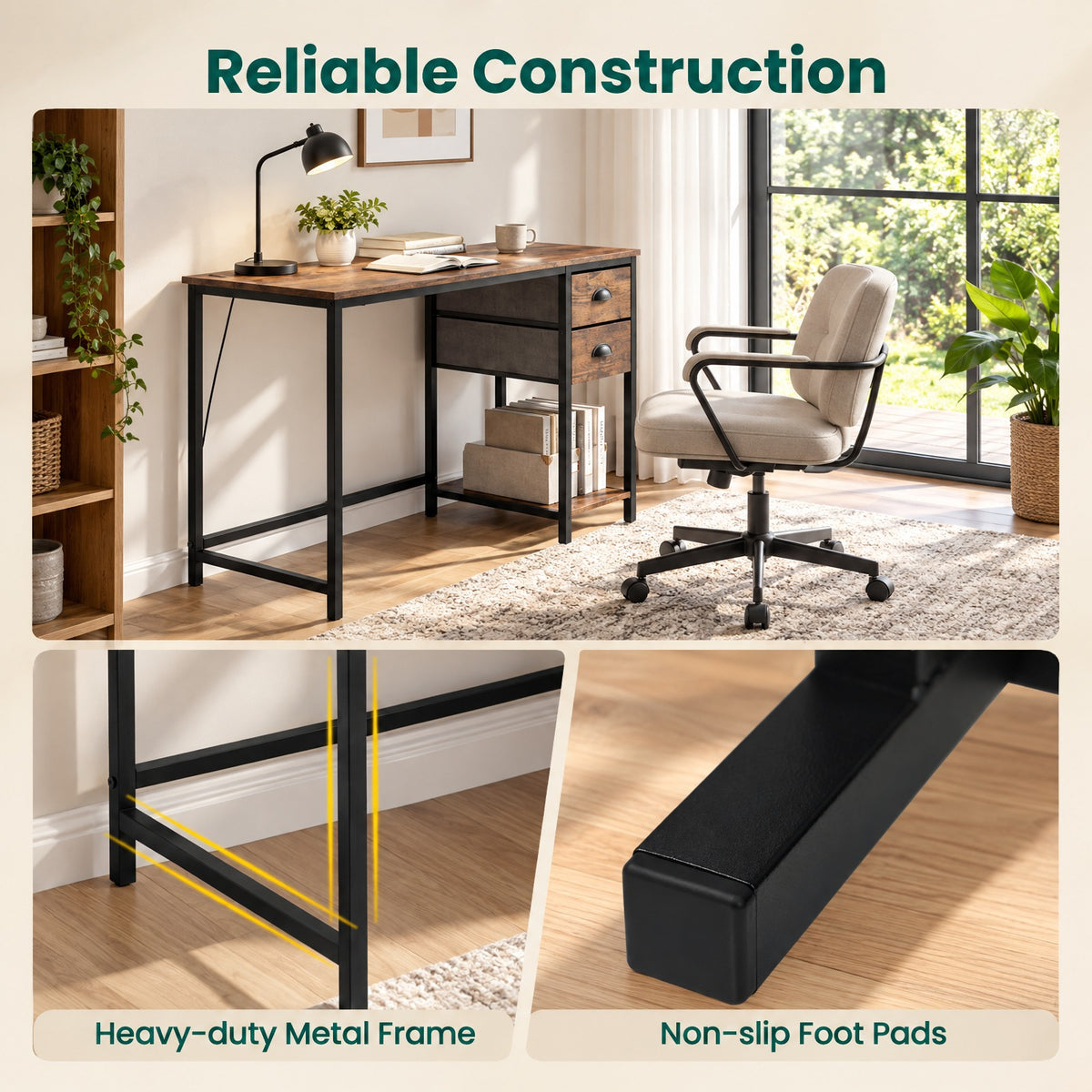 Airfind Computer Desk with Charging Station and 2 Fabric Drawers for Small Spaces, 110 lbs Capacity, Engineered Wood MDF Metal Fabric Frame, Brown
