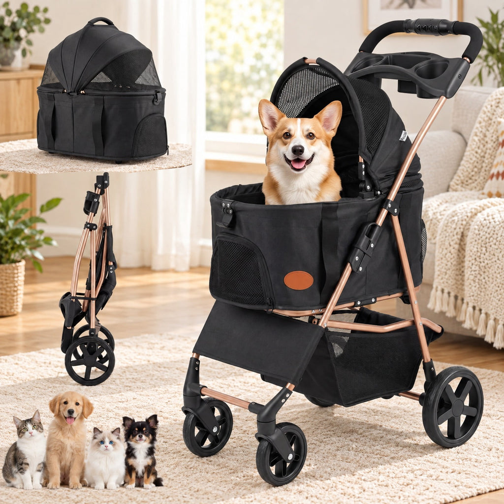 Airfind 3-in-1 Pet Stroller for Small Medium Dogs Foldable with Detachable Carrier, 26.5 lbs Capacity, 18.5in x 28.5in x 39.5in Footprint, Black