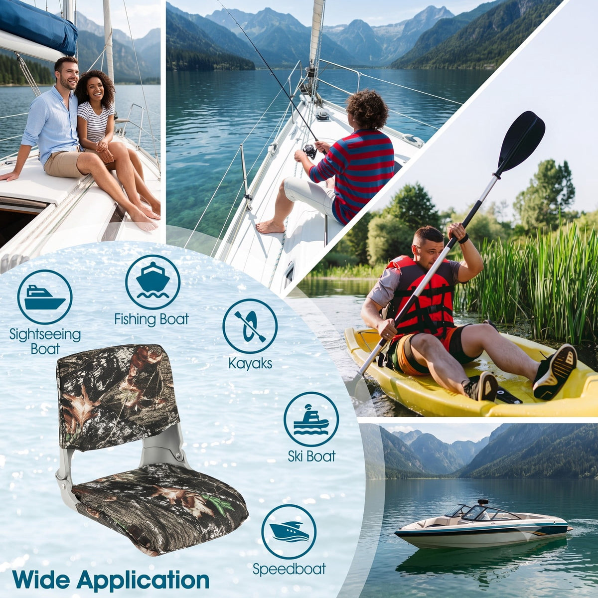 Airfind Low Back Folding Padded Boat Seat with Oxford Fabric Cover and 4 Bolts for Fishing and Sightseeing Boats, Camouflage