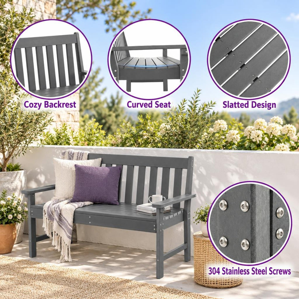 Airfind 52 Inch All-Weather HDPE Outdoor Bench with Backrest and Armrests, 705 lbs Capacity, HDPE Frame, Gray