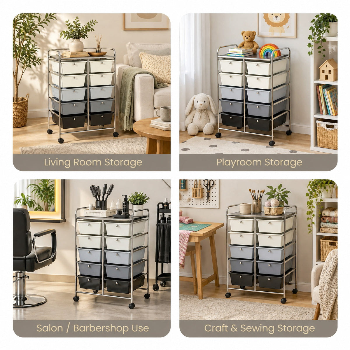 Airfind 10-Drawer Rolling Storage Cart-Beige and Gray, 22 lbs Capacity, Metal PP Frame, 26in x 14.5in x 34in Footprint, Beige