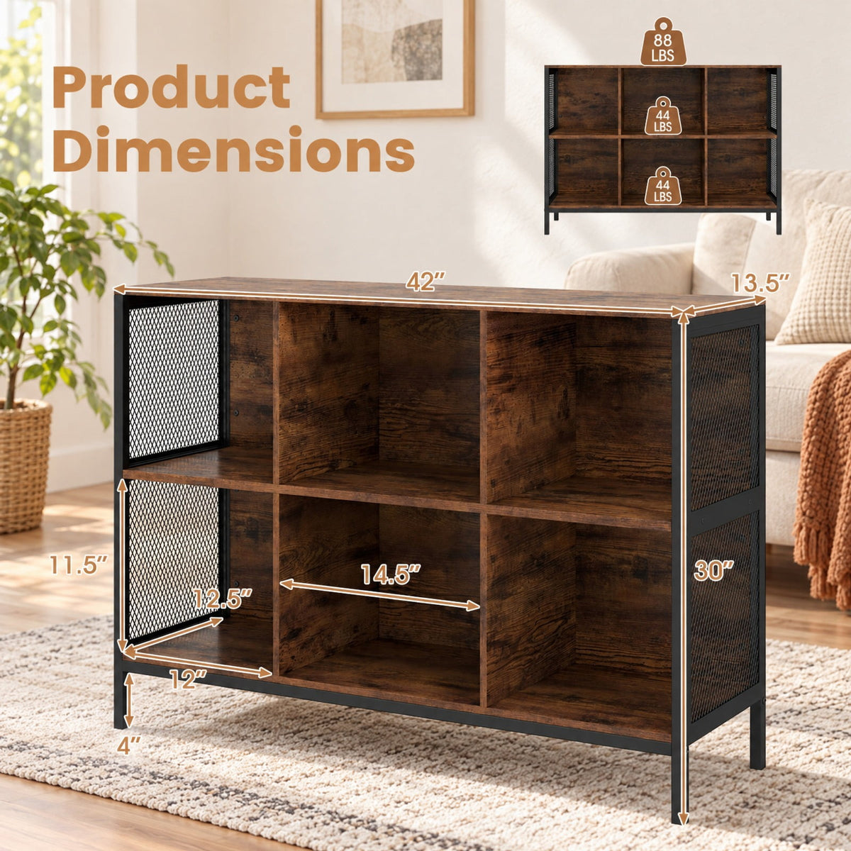 Airfind 6 Cube Bookcase 42 Wide Horizontal Bookshelf with Accent Cubby Shelf, 88 lbs Capacity, MDF Engineered Wood Metal Frame, Brown