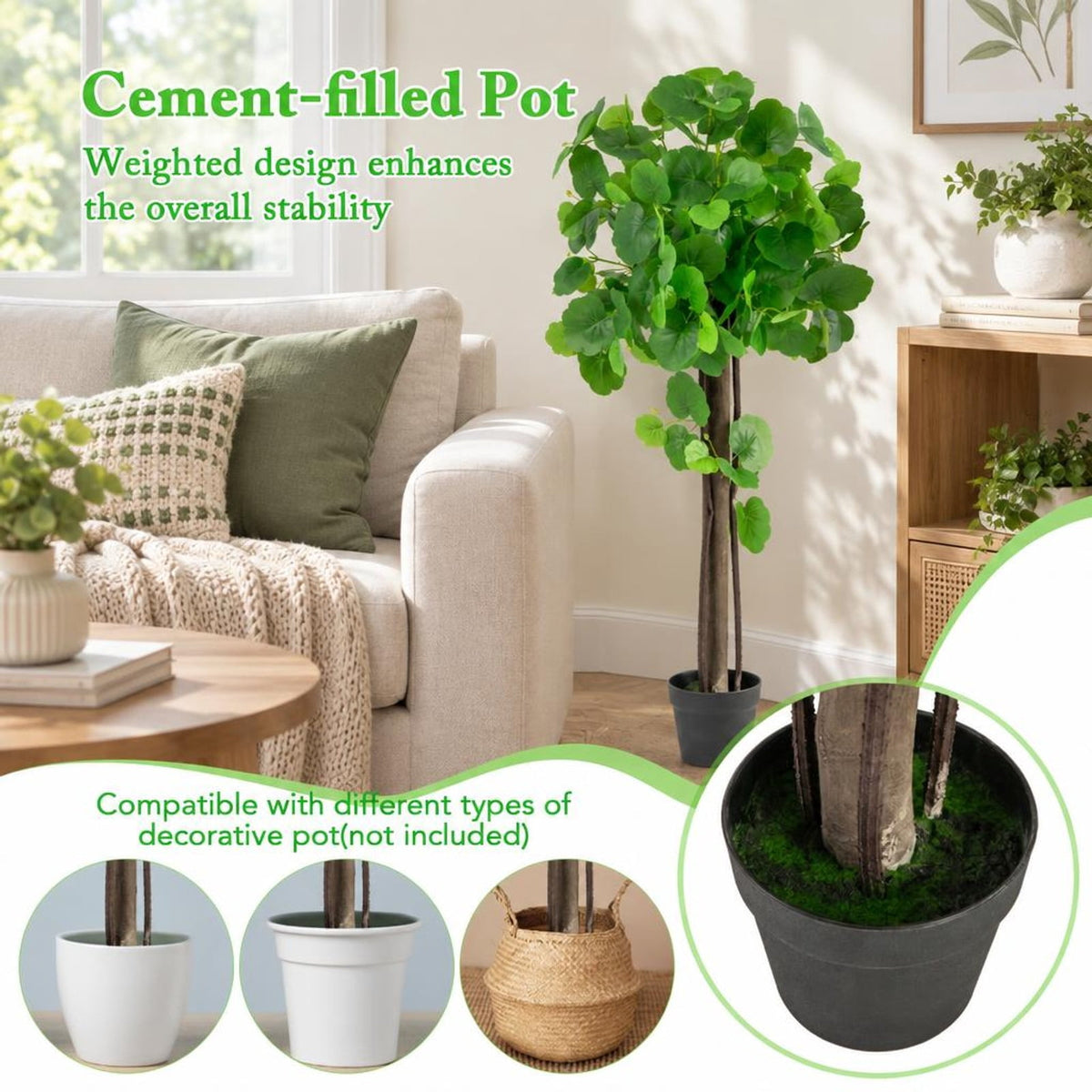 Airfind 44 Inch Artificial Tree with Adjustable Branches for Decor, Pongee Fabric PE PP Eucalyptus Wood Frame, Green