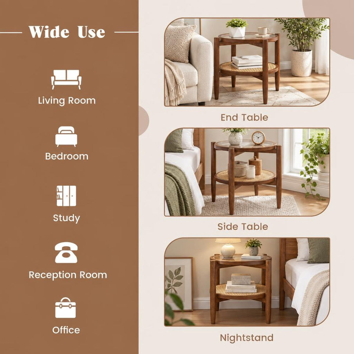 Airfind Rattan Round Side End Table with Tempered Glass Tabletop, 77 Lbs Capacity, Acacia Wood Plywood Tempered Glass PE Rattan, Walnut