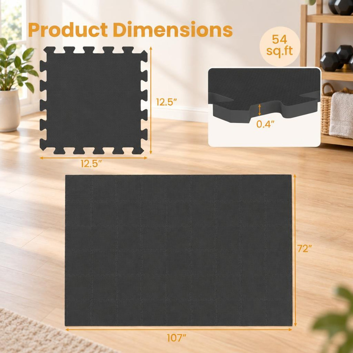 Airfind 54 Pack EVA Foam Floor Tiles with Non-Slip Borders for Home Gym, EVA Foam Frame, 107 x 72 x 0.4 Footprint, Black