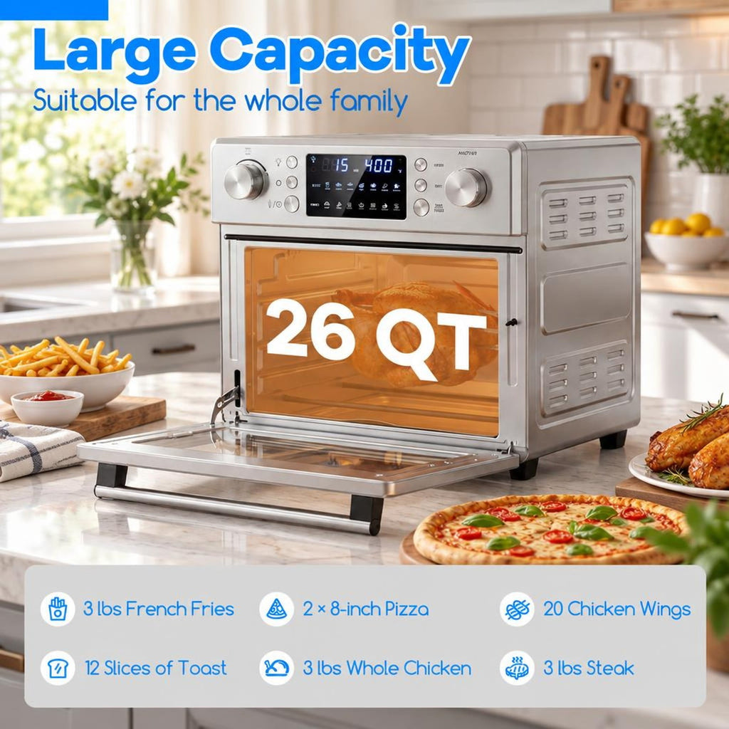 Airfind Stainless Steel Countertop Convection Oven with Bake, Stainless Steel Galvanized Metal Frame, 26 Qt/25 L Capacity, Silver