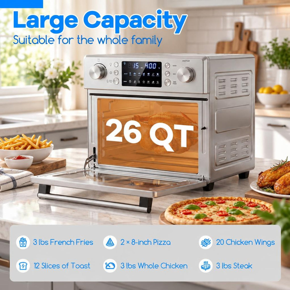 Airfind Stainless Steel Countertop Convection Oven with Bake, Stainless Steel Galvanized Metal Frame, 26 Qt/25 L Capacity, Silver