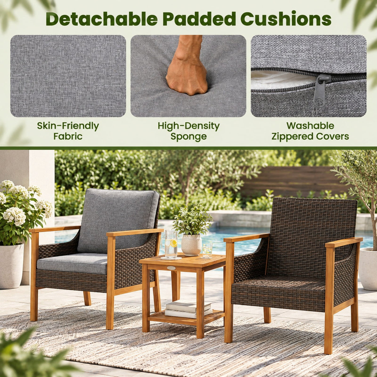 AIRFIND 3 Piece Patio Furniture Set with 2 Cushioned Chairs, Acacia Wood Frame and 2-Tier Side Table, Mix Brown PE Rattan and Gray Cushions