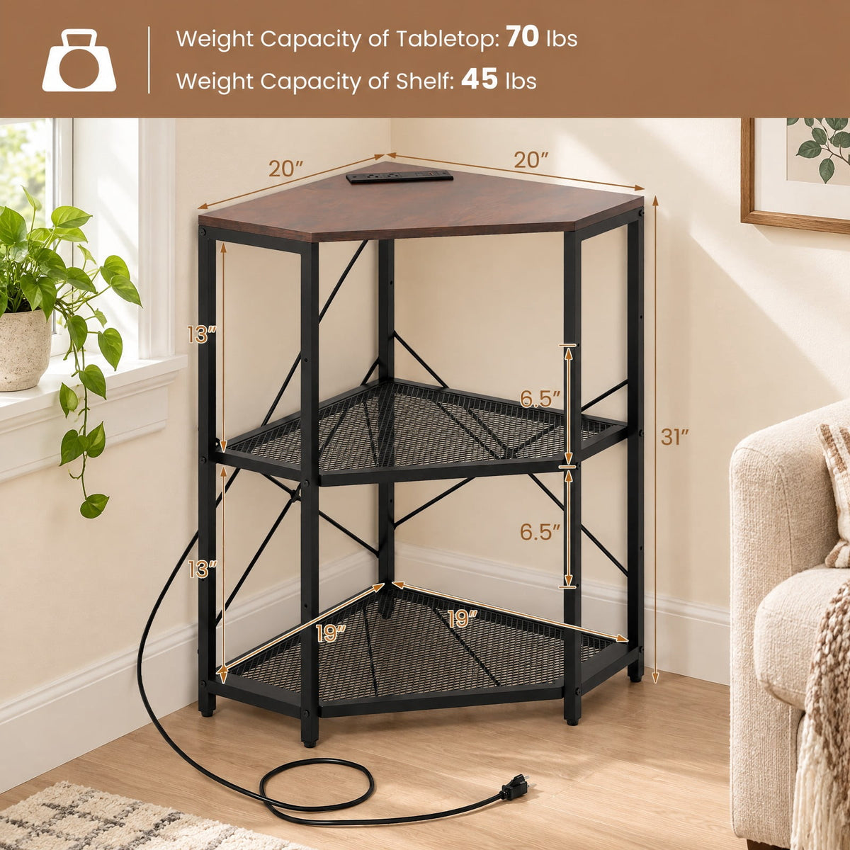 Airfind Corner Printer Stand with Power Outlet 3-Tier Storage Rack with Adjustable Shelf, 70 lbs Capacity, Engineered Wood Metal Frame, Brown