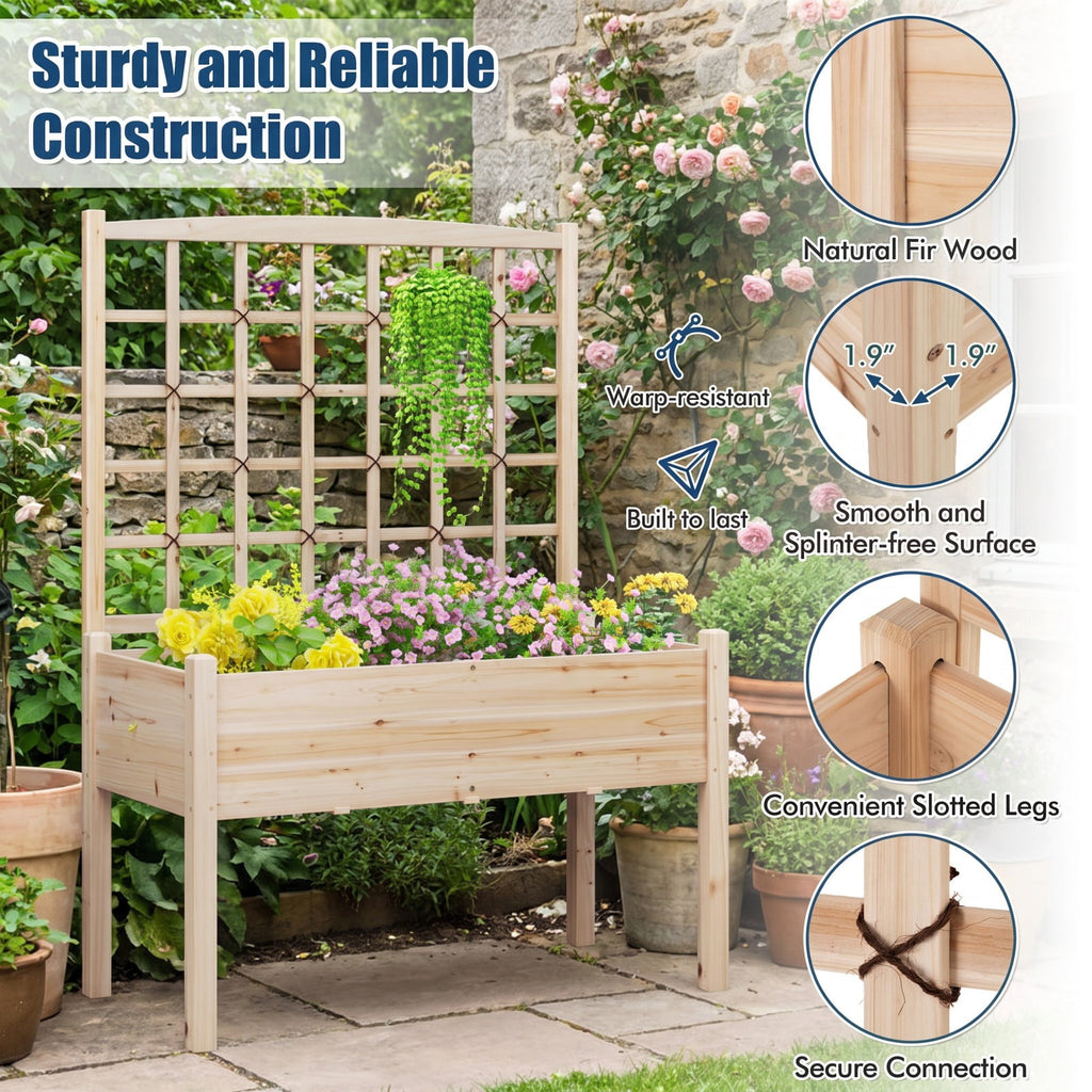 Airfind Raised Garden Bed with Lattice Trellis and Drainage Holes Elevated, 176 lbs Capacity, Fir Wood Frame, Natural