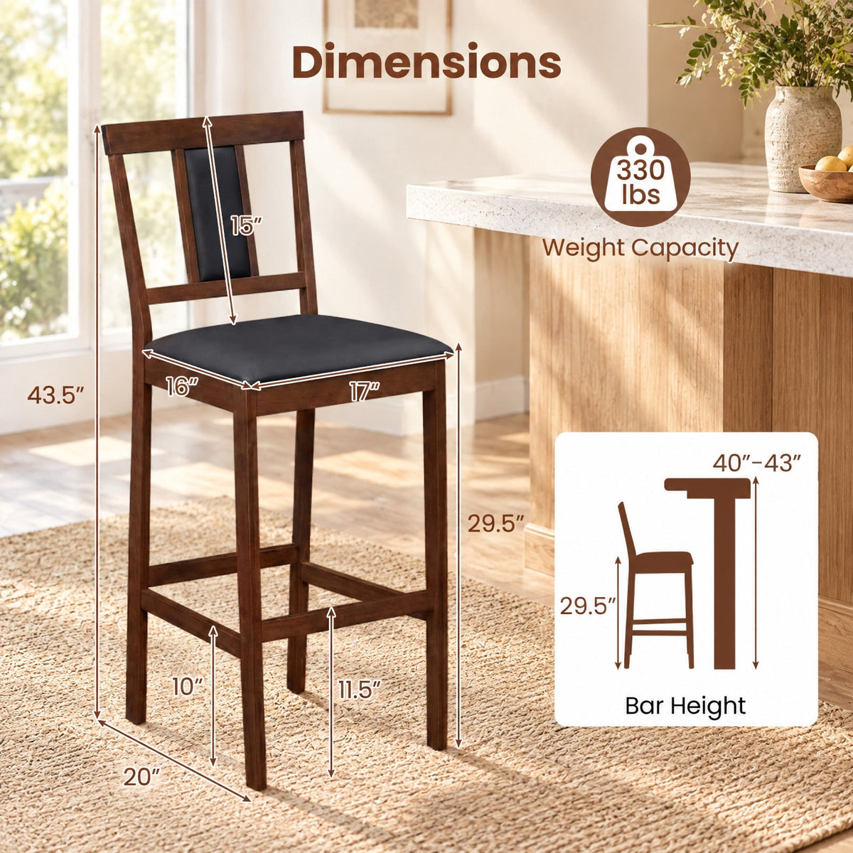Airfind Set of 2 Upholstered Barstool 29.5 Inch Bar Height with Solid Rubber Wood Frame, 300 lbs Capacity, Walnut