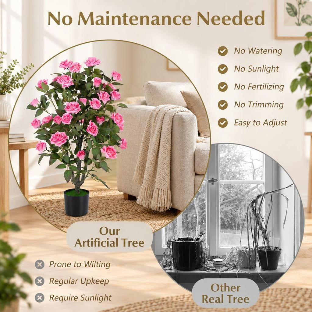 Airfind Set of 2 Artificial Rose Tree with Blooming Flowers and Green Leaves for Indoor, Silk Fabric Rubberized Fabric PE PP Tree Height 35.5 Frame