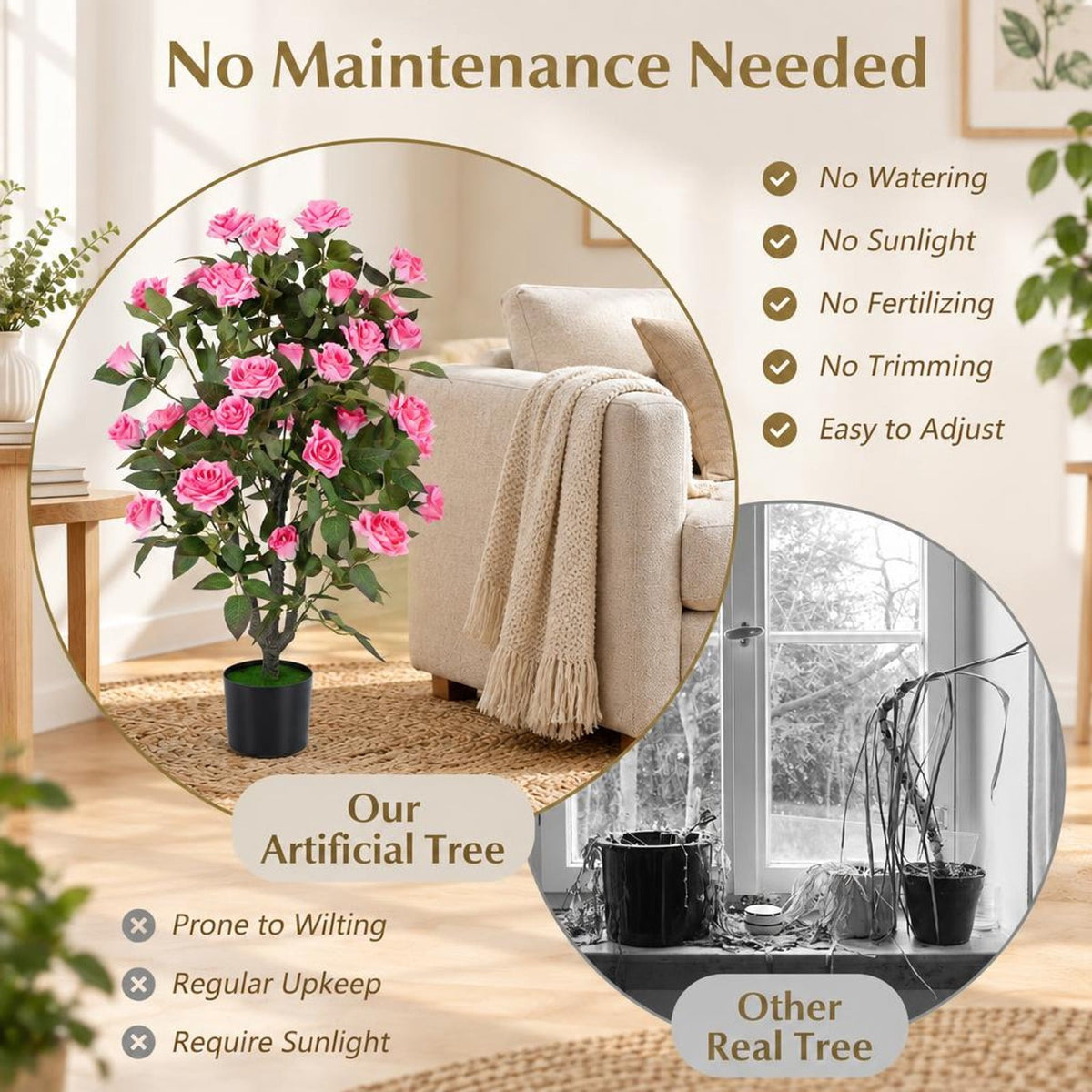Airfind Set of 2 Artificial Rose Tree with Blooming Flowers and Green Leaves for Indoor, Silk Fabric Rubberized Fabric PE PP Tree Height 35.5 Frame