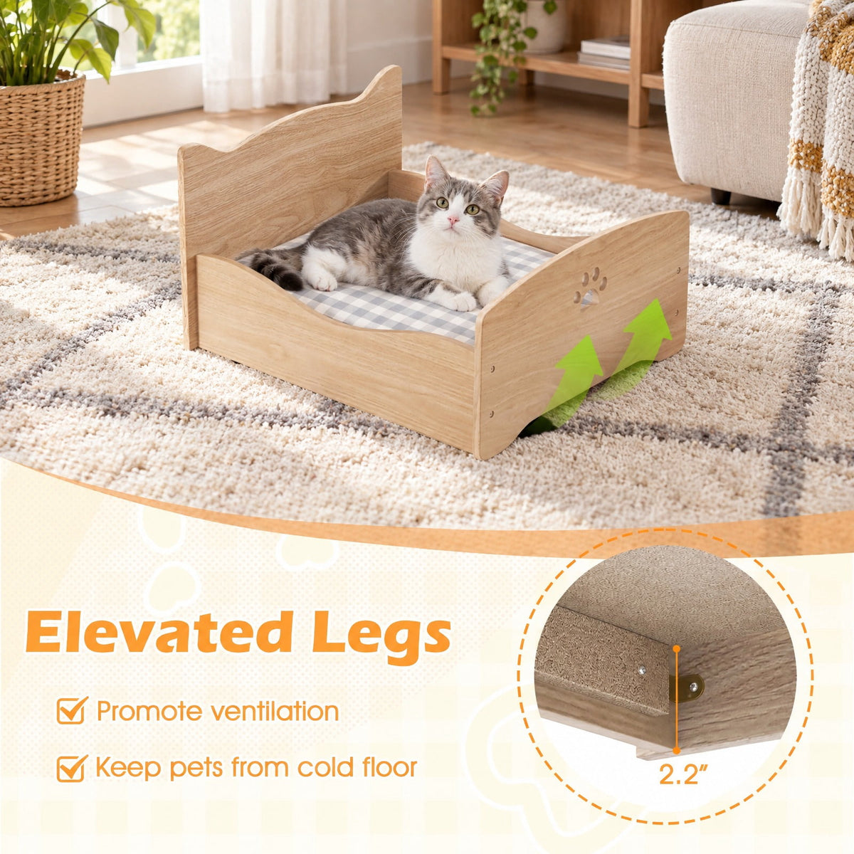 Airfind Elevated Pet Bed Frame with Rails and Cute Headboards, 44 lbs Capacity, MDF Particle Board Frame, 21 x 18 x 20 Suitable Footprint, Walnut