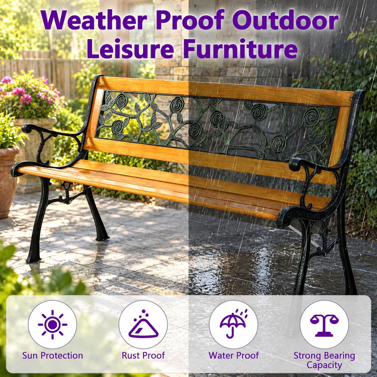 Airfind 49 1/2 Inch Patio Park Garden Porch Chair Bench, 463 lbs Capacity, Cast iron Frame, 49.5 Inch x 20.5 Inch x 29 Inch Product weight: 30 lbs Footprint