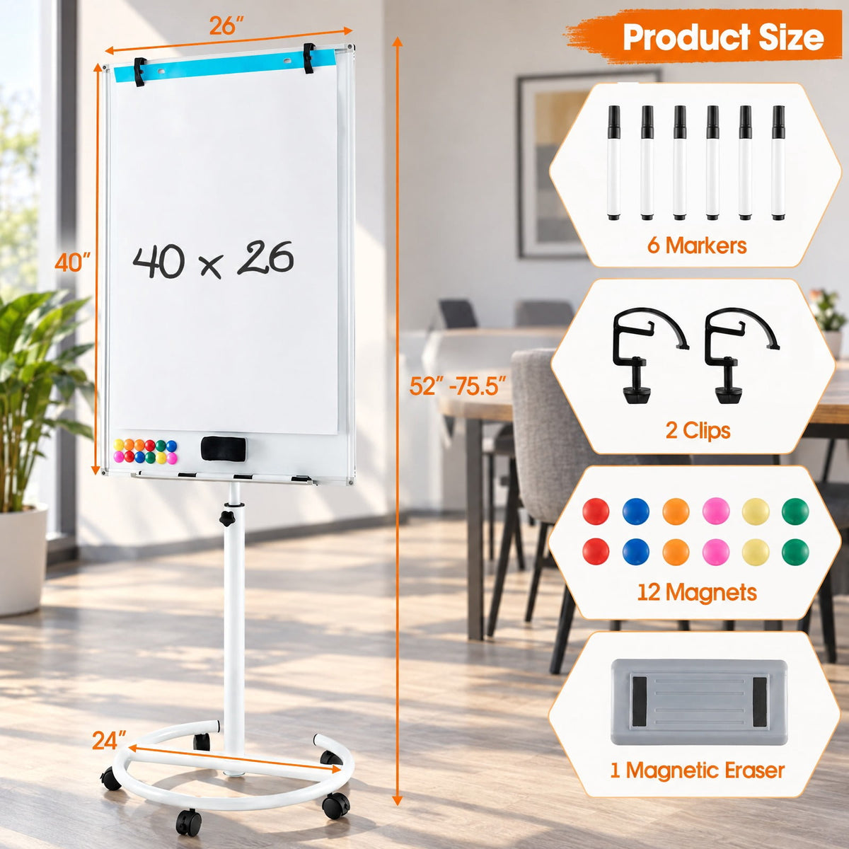 Airfind Height-Adjustable Mobile Whiteboard with Round Stand Paper Clips, Plastic Metal Frame, 26 x 24 x 52-75.5 Footprint, White