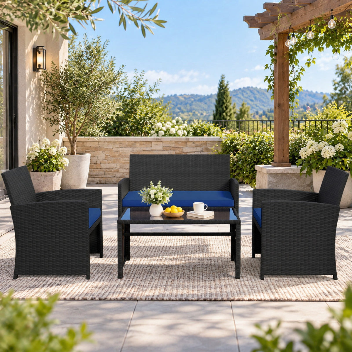 Airfind 4 Pieces Patio Furniture Set with Tempered Glass Tabletop and Removable Cushion, 400 lbs Capacity, Rattan Steel Sponge Frame, Navy
