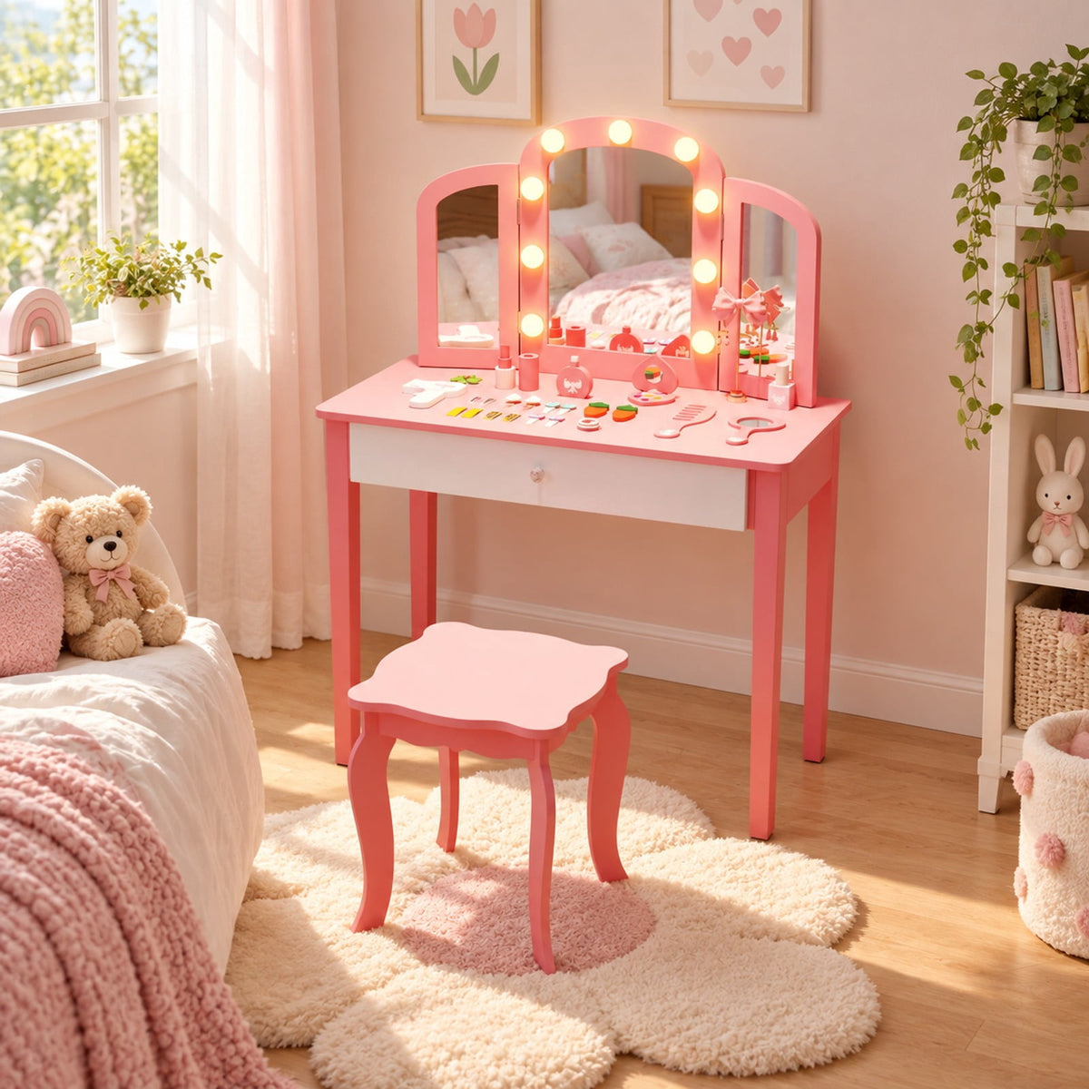 Airfind 2-in-1 Kids Vanity Table Set with Tri-Folding Detachable Mirror and Lights, 110 lbs Capacity, MDF Pine Wood Acrylic Frame, Footprint, Pink