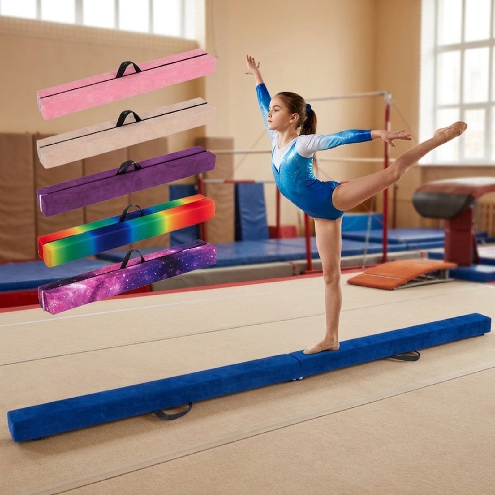 Airfind 9 ft Folding Gymnastics Balance Beam with Suede Cover, Pine Wood Core and Non-Slip Mat, Blue