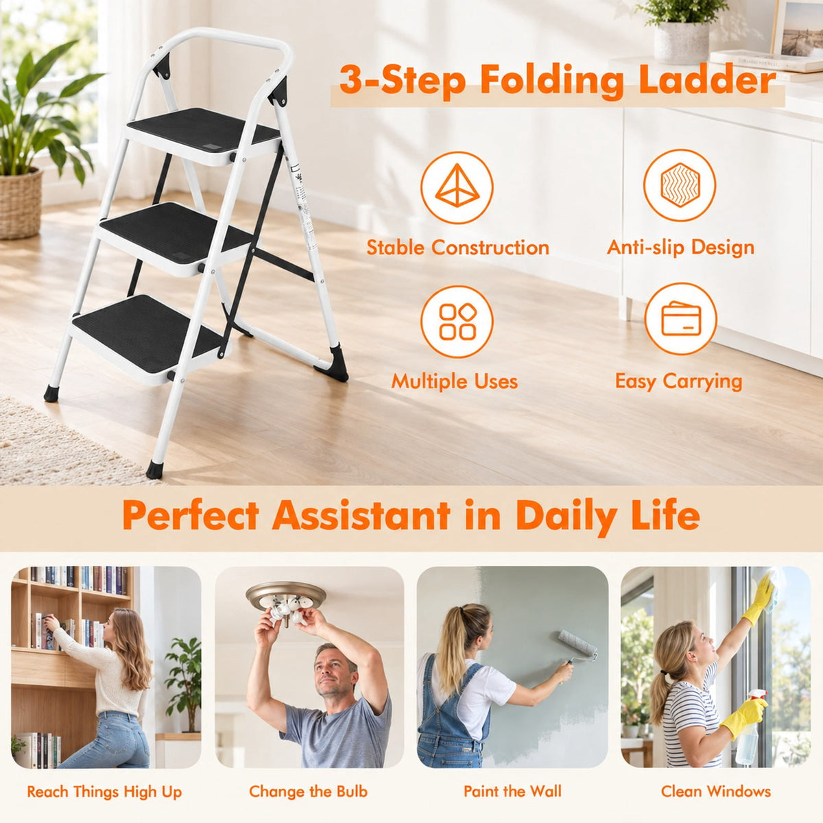 Airfind Folding 3-Step Ladder with Handgrip and Anti, 330 lbs Capacity, Iron Frame, 19.5 Inch x 26 Inch x 36.5 Inch Footprint, Black white