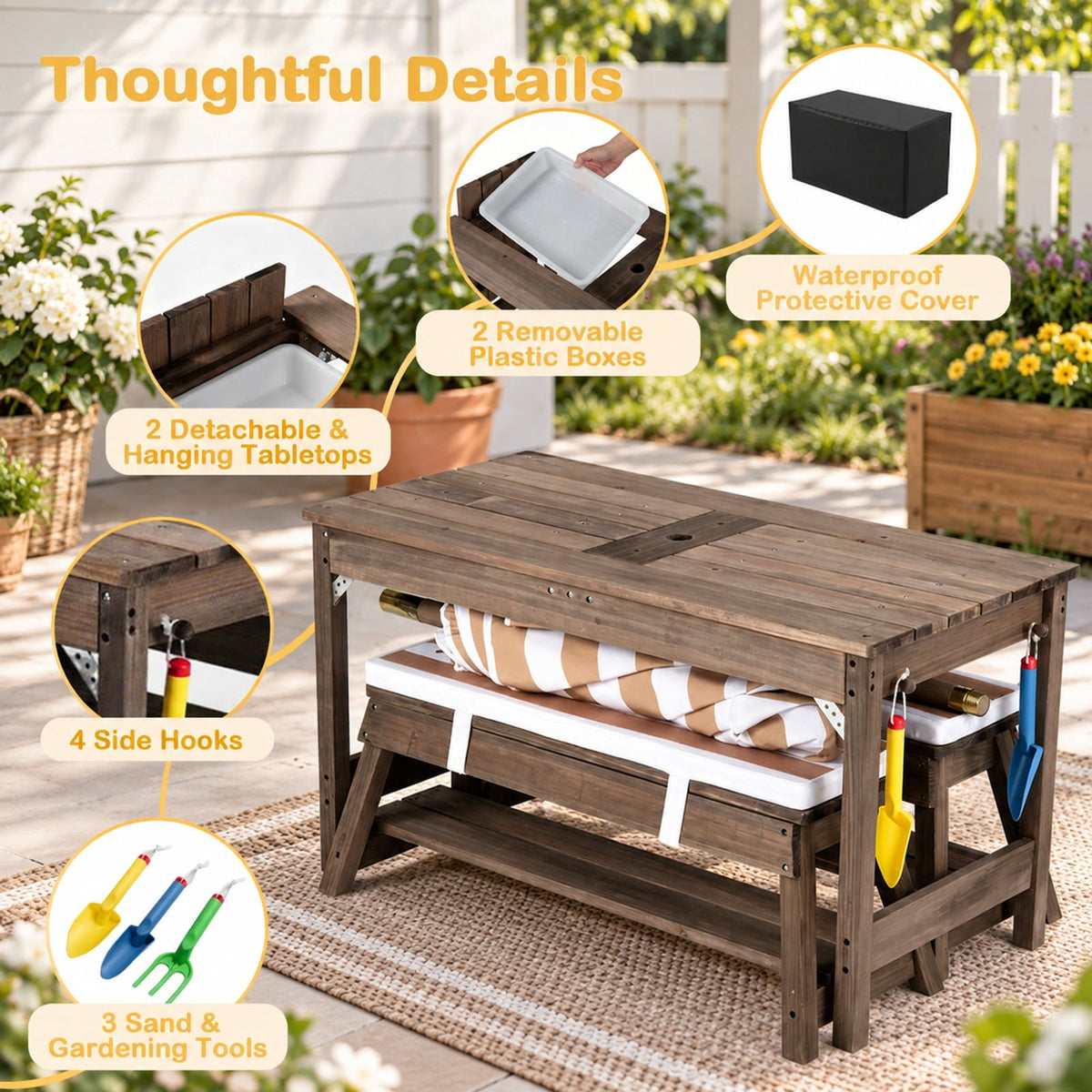 Airfind Outdoor Kids Wooden Picnic Table and Benches Set with Umbrella, 110 lbs Capacity, Fir Wood Nylon Fabric Sponge PP Frame, for 3+ Years Old