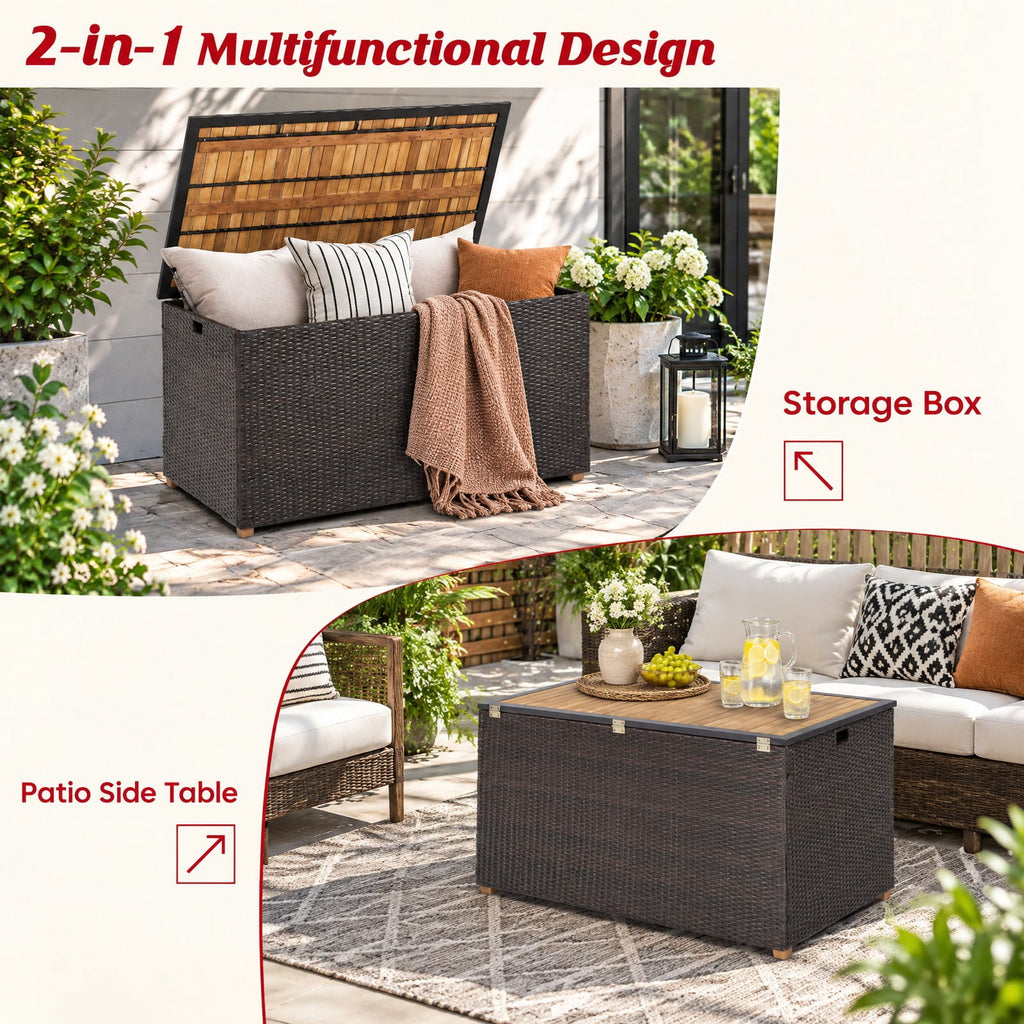 Airfind 134 Gallon Rattan Storage Box with Zippered Liner and Solid Acacia Wood Top, wood board 165 lbs Capacity, 51in x 28.5in x 28in Footprint, Wood