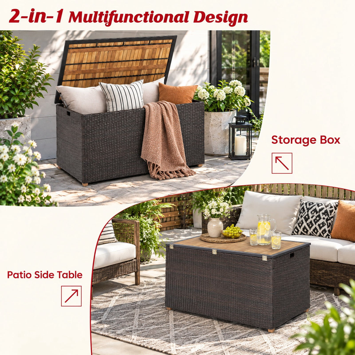 Airfind 134 Gallon Rattan Storage Box with Zippered Liner and Solid Acacia Wood Top, wood board 165 lbs Capacity, 51in x 28.5in x 28in Footprint, Wood
