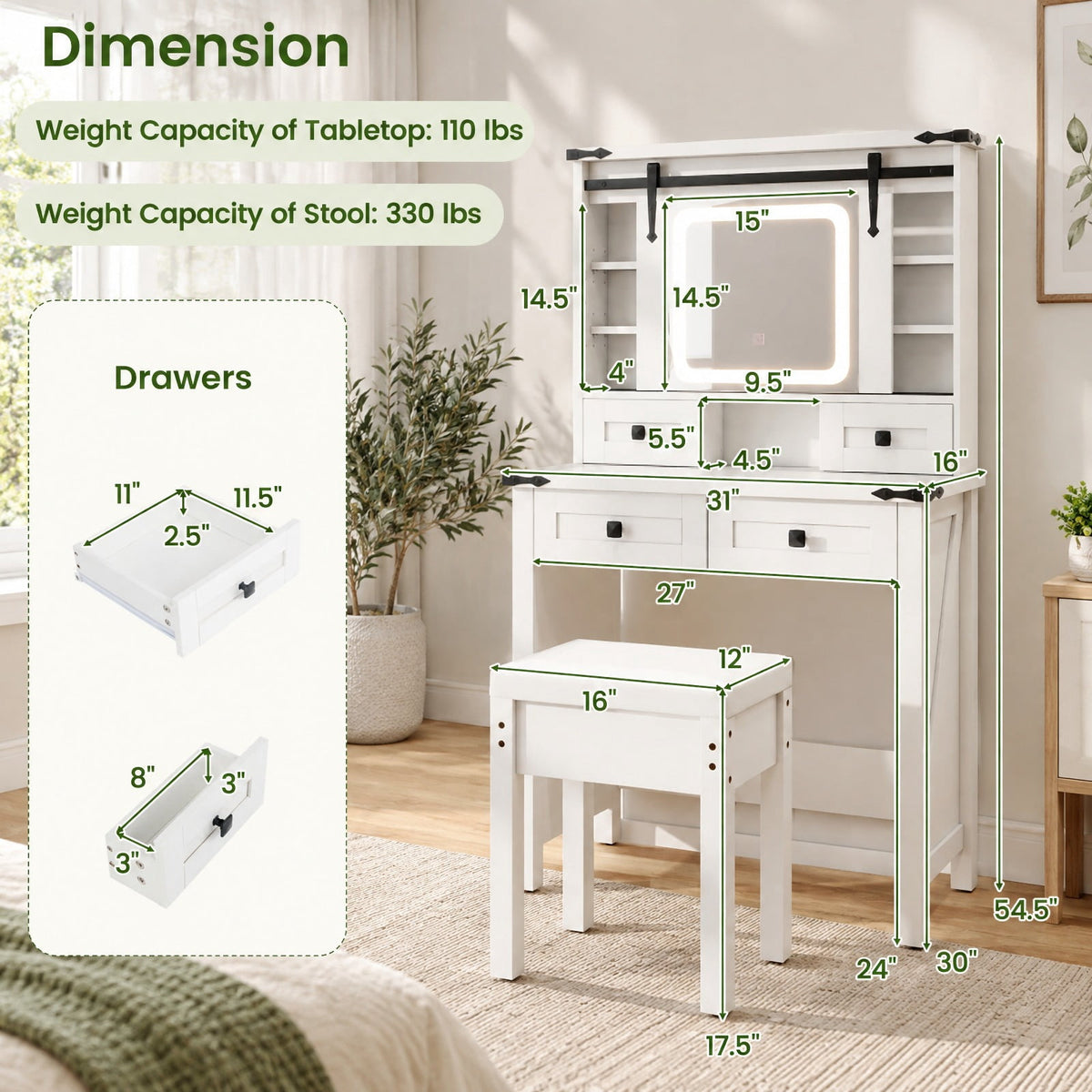 Airfind Makeup Vanity Desk with Mirror and Adjustable Storage Shelves, 110 lbs Capacity, Engineered Wood Frame, 31in x 16in x 54.5in Footprint, White