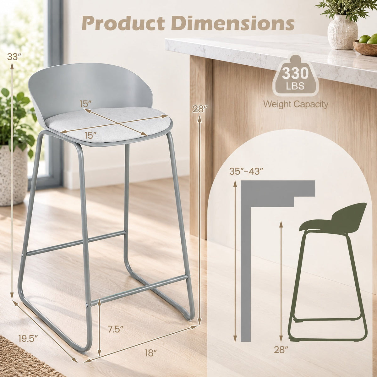 Airfind Counter Height Bar Stools, Set of 2, with Curved Backrest and Metal Frame for Kitchen Dining, 330 lbs Capacity, Gray