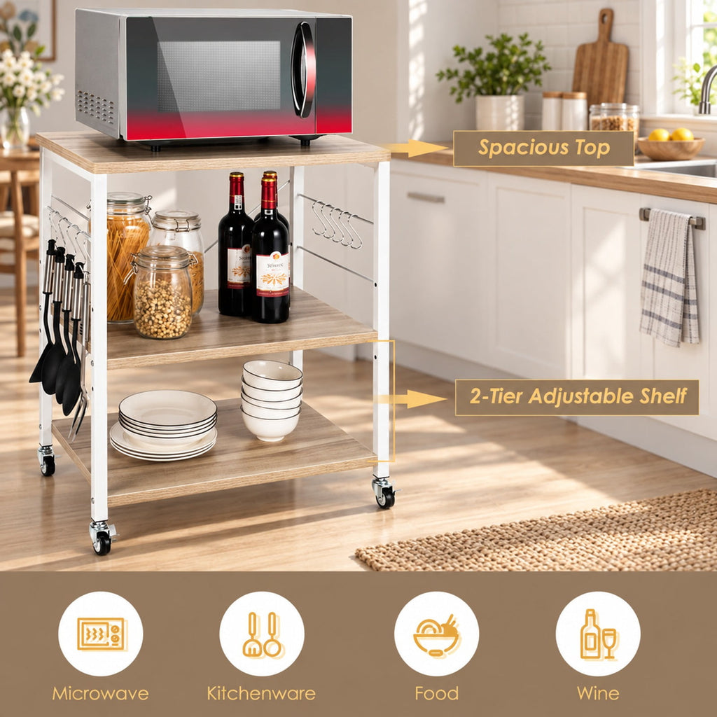 Airfind 3-Tier Kitchen Bakers Rack Microwave Oven Storage Cart with Hooks, 44 lbs Weight capacity of each shelf: 22 lbs Capacity, Iron Frame, Brown