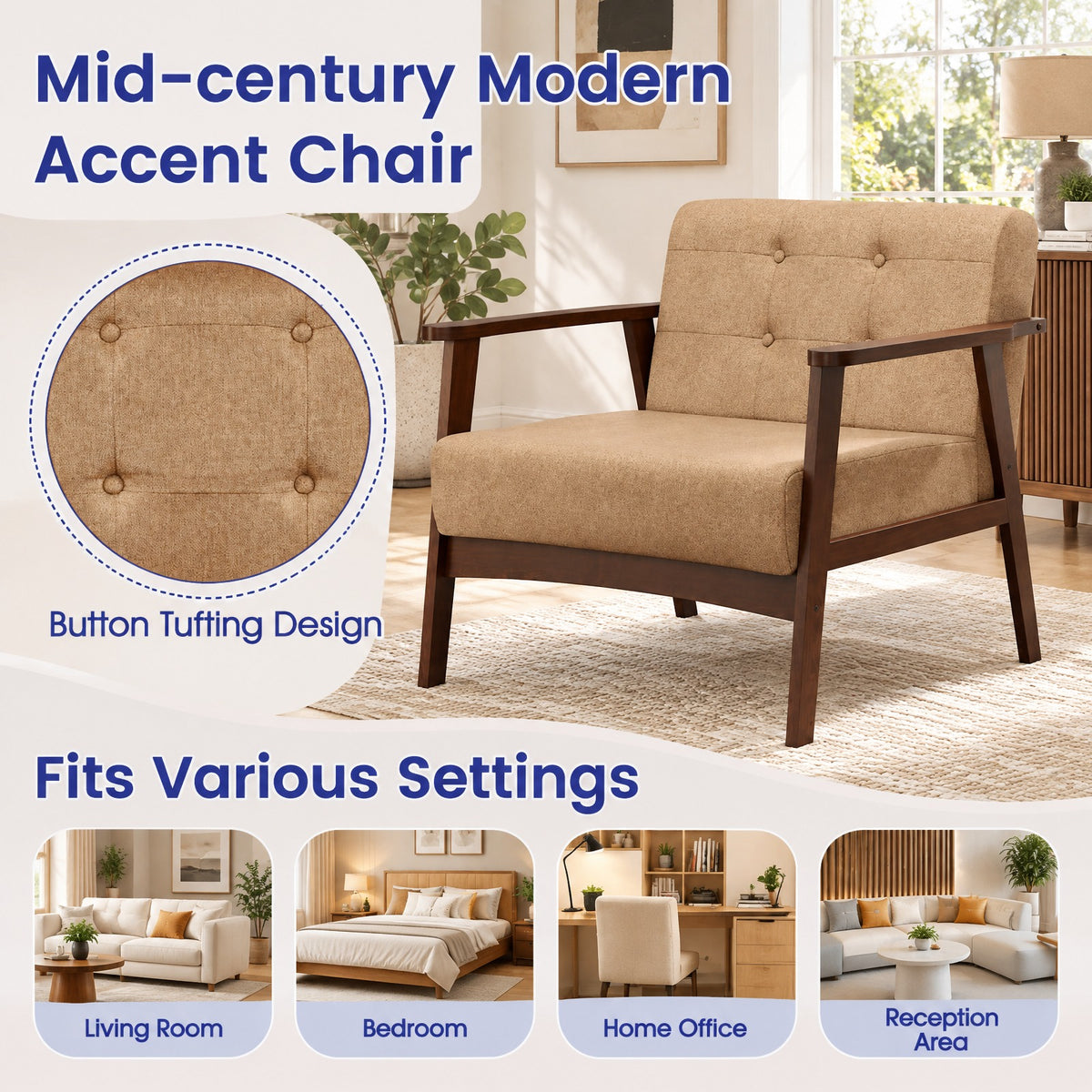 Airfind Rubber Wood Frame Accent Chair with Armrest for Living Room, 330 lbs Capacity, Rubber Wood Sponge Linen Fabric MDF Frame, Beige