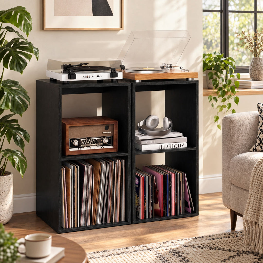 Airfind 2 Cube Bookshelf with Back Guardrail for Living Room Bedroom, Engineered Wood Frame, 14 Inch x 13 Inch x 27.5 Inch Depth of Bottom Shelf 12 Inch Footprint
