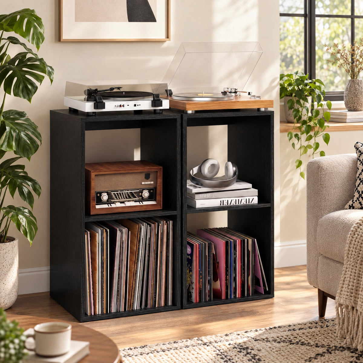 Airfind 2 Cube Bookshelf with Back Guardrail for Living Room Bedroom, Engineered Wood Frame, 14 Inch x 13 Inch x 27.5 Inch Depth of Bottom Shelf 12 Inch Footprint