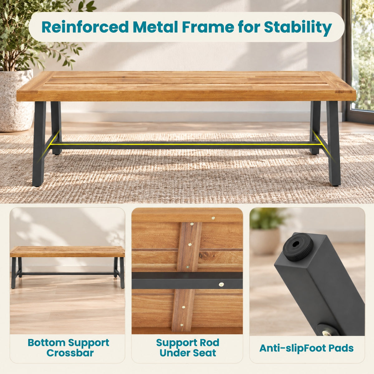 Airfind 63 Inch 3-Person Acacia Patio Wood Outdoor Backless Bench-Set of 1, 800 lbs Capacity, Acacia Wood Metal Frame, 63 x 12.5 x 18 Footprint