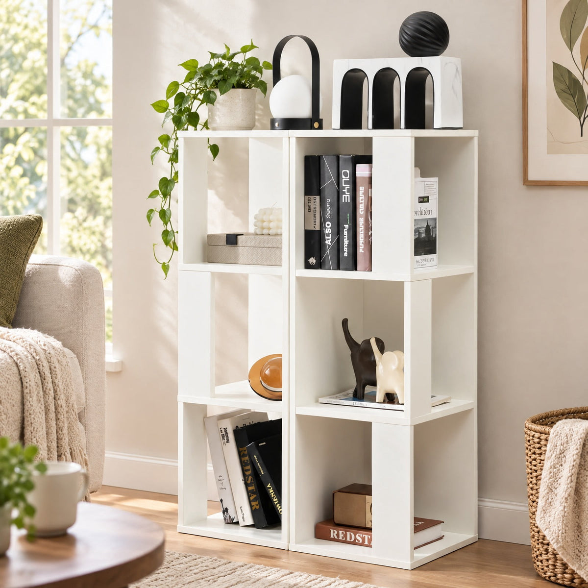 Airfind 3-Tier 6 Cube Freestanding Bookcase with Anti-toppling Device, 44 lbs Capacity, Engineered wood Frame, 13 x 13 x 39.5 Footprint, White