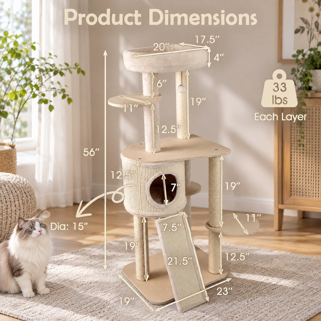 Airfind 56 Inch Tall Cat Tree with 2 Sisal Scratching Posts and Ladder, 33 lbs Capacity, 23 Inch x 19 Inch x 56 Inch Condo Footprint, Natural